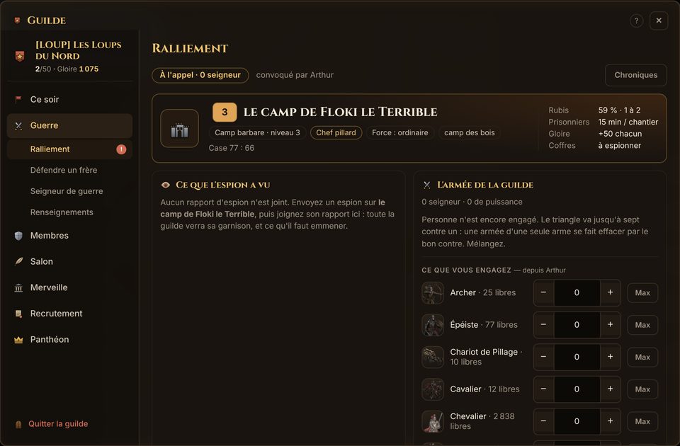 La page d'un ralliement : la cible, le rapport d'espion et les troupes engagées par chaque seigneur